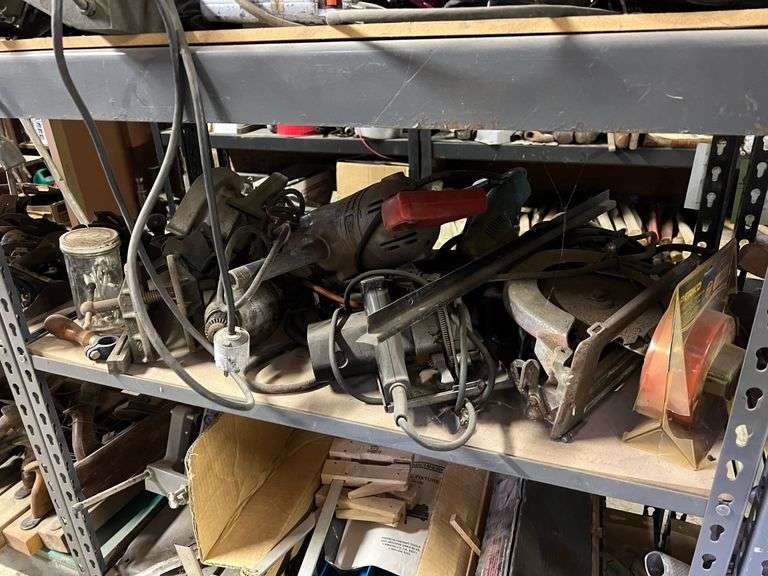 3 Shelves of Power Tools, Hammers, Axes & Car Parts NW Asset Services