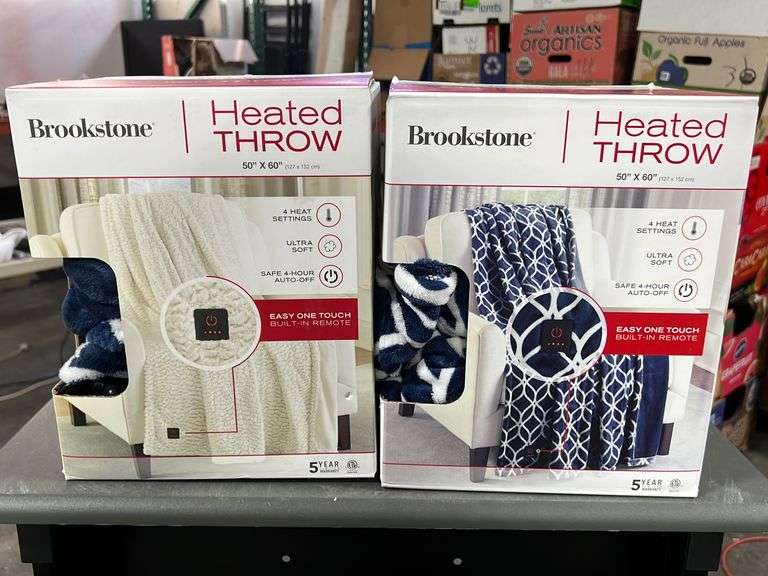 (2) Brookstone Heated Throw Blankets 50" x 60" White Plush & Gray