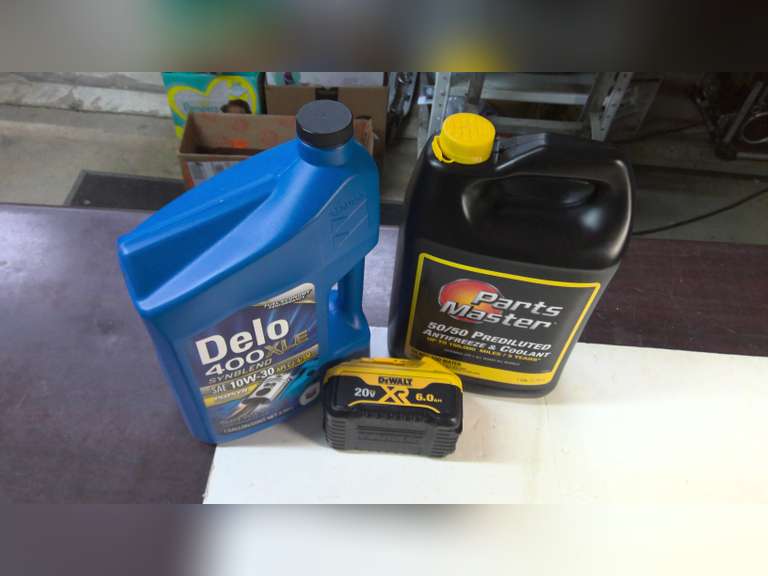 DEWALT 20V BATTERY, GALLONS OF NEW OIL AND GALLONS OF NEW ANTIFREEZE
