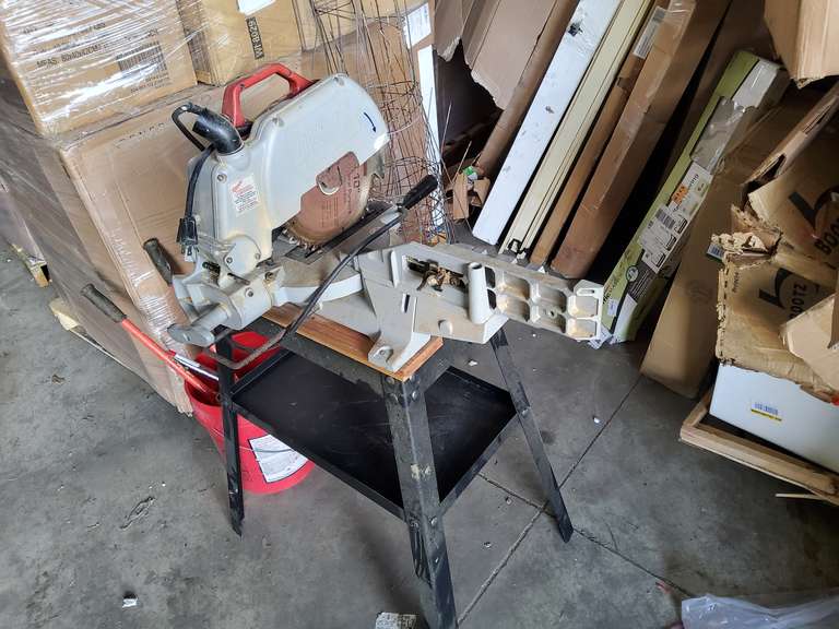 MILWAUKEE CHOP SAW/MITRE SAW, BOLT CUTTERS, TIE WIRE, LARGE DRILL BIT, TOMATO CAGES