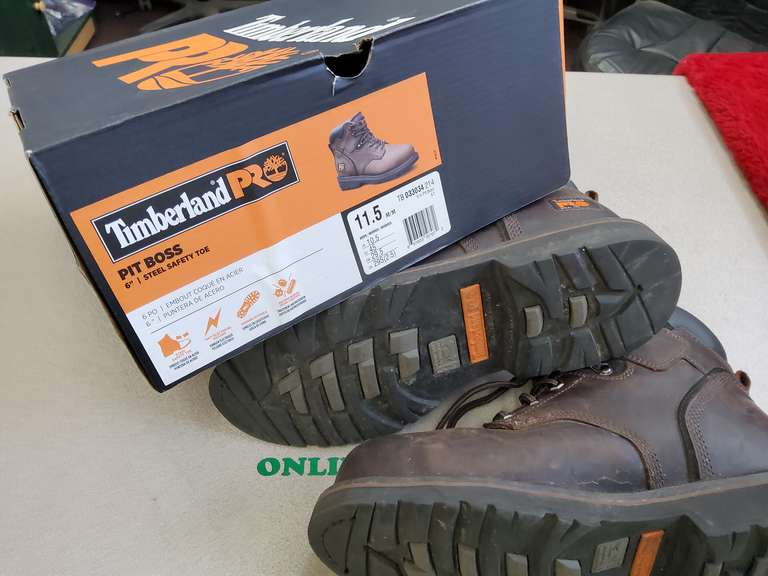 TIMBERLAND 11 1/2 STEEL TOE BOOTS, SHOES, TIRE REPAIR AND FOLDING CHAIR