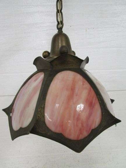 Art Deco Pink Bent Slag Glass Hanging Light - Oberman Auctions