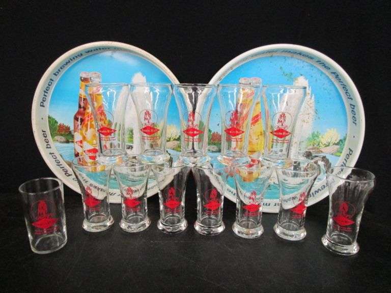 2 Grain Belt Beer Trays w/13 Glasses Oberman Auctions