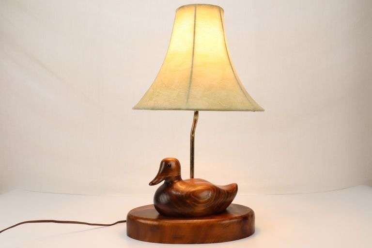 Carved Solid Wood Duck Lamp With Cowhide Shade Pacific Auctions And