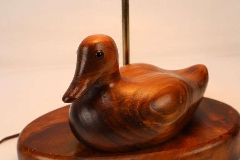 Carved Solid Wood Duck Lamp With Cowhide Shade Pacific Auctions And