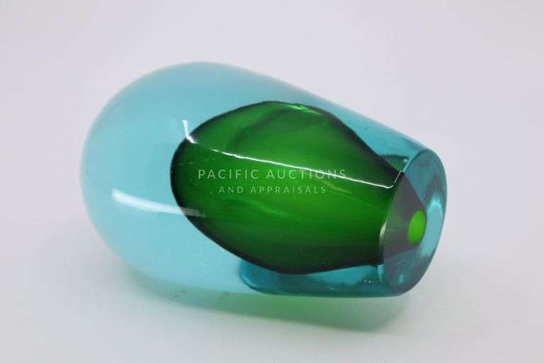 Art Glass Paperweight, Green And Blue, Bulb Shaped, 5.5" Pacific