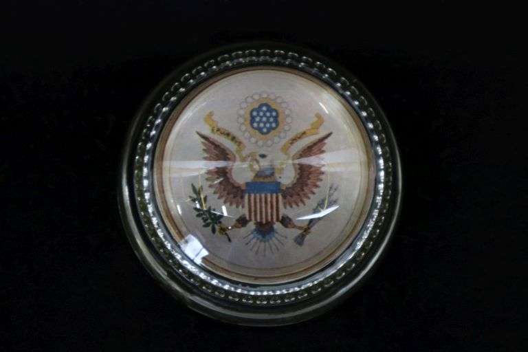 Antique Glass Paperweight, Seal Of The United States, Hallow Bottom