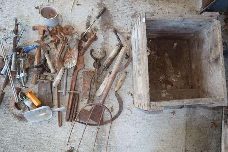 Singer Sewing Machines Wooden Crate Full Of Misc; Axe, Wedges, 2 Chain