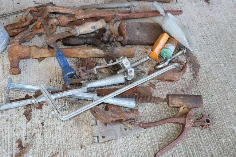 Singer Sewing Machines Wooden Crate Full Of Misc; Axe, Wedges, 2 Chain