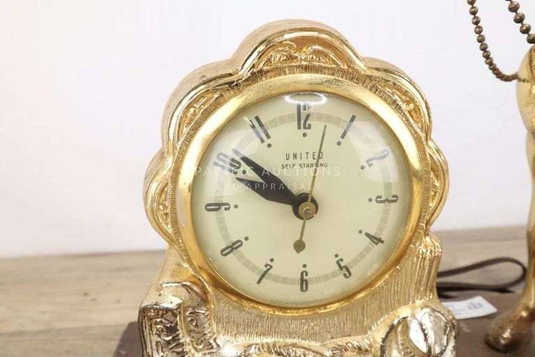 Vintage Horse Mantle Clock, Gold Toned, United Self Starting, No. 315