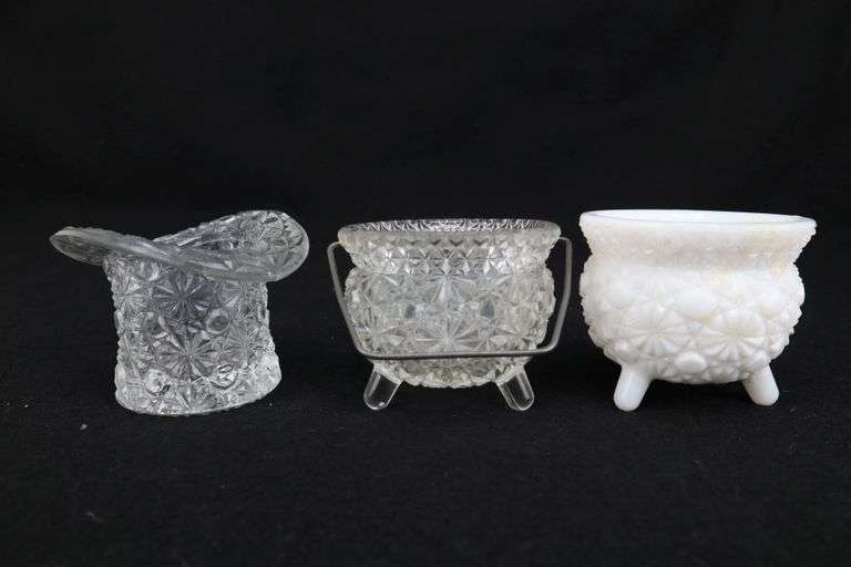 3 Vintage Glass Toothpick Holders, Daisy And Button Clear And Milk