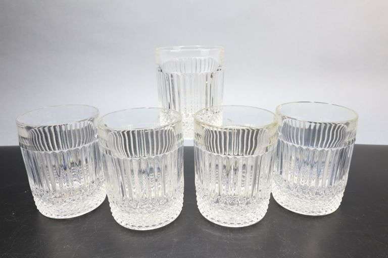 CRYSTAL BAR GLASSES, RIBBED SIDES HEAVY BOTTOM, SET OF 5, 3.75"H