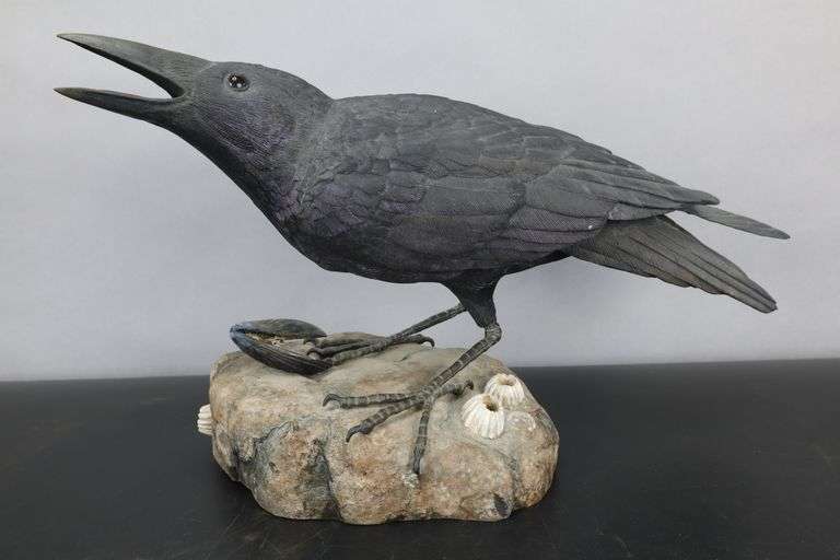 JOHN ROSSER NORTHWEST CROW DECOY, 15X9"H Pacific Auctions And Appraisals