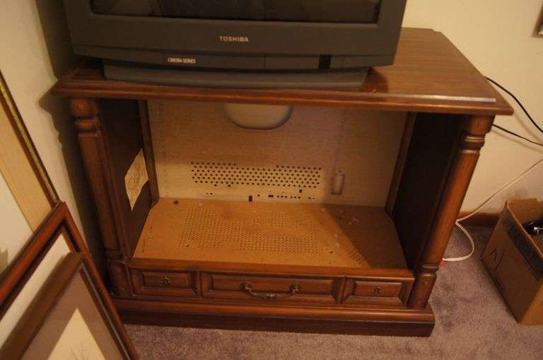 Toshiba CRT with wooden TV stand Parrott
