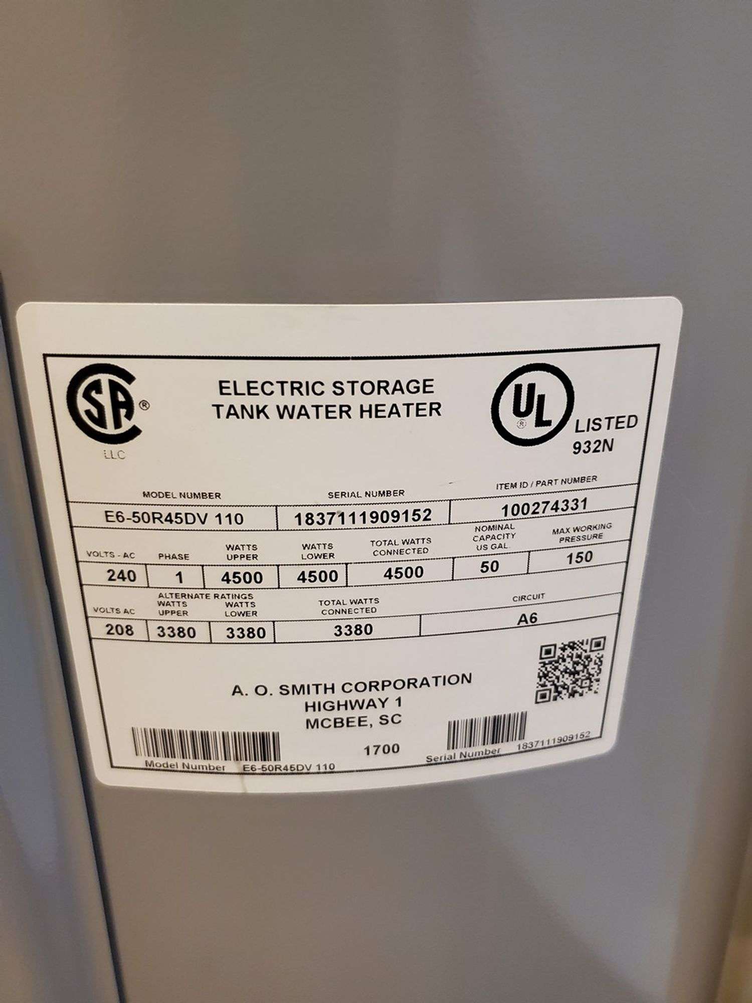 A O Smith electric water heater, 50 gallon capacity, with drip pan -  Parrott Marketing Group