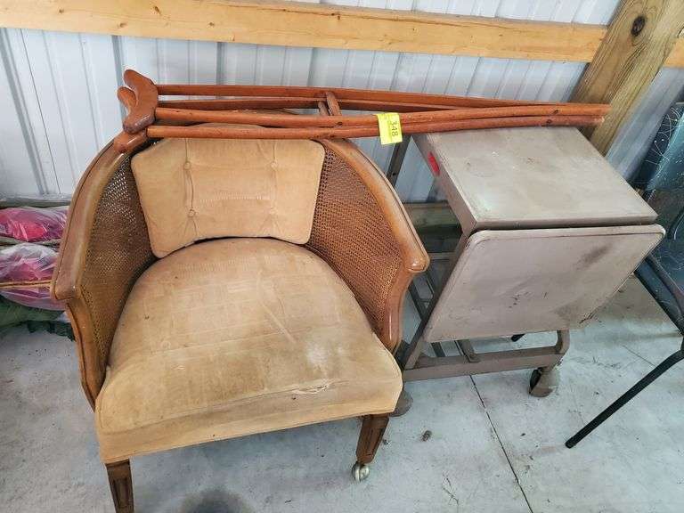 Typing table, wooden child crutches, roll around chair Parrott