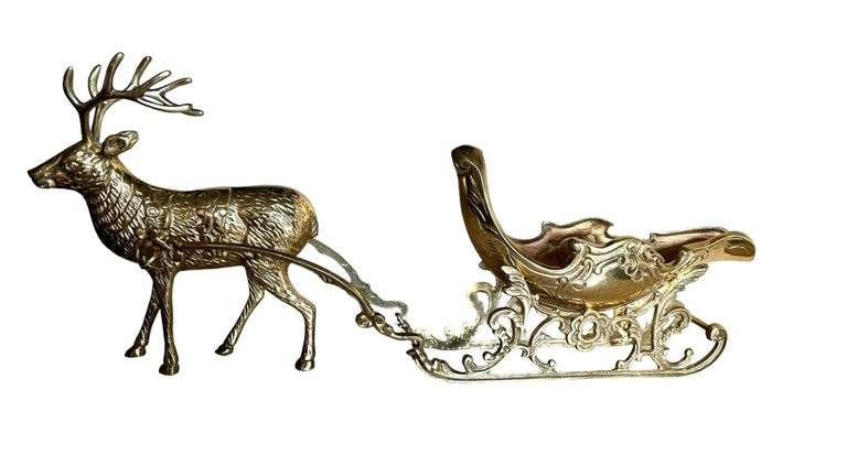 Vintage Brass Deer & Sleigh