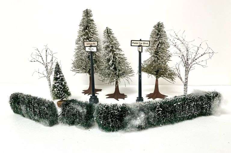 Collection of Department 56 Trees, Shrubs, and Street Signs