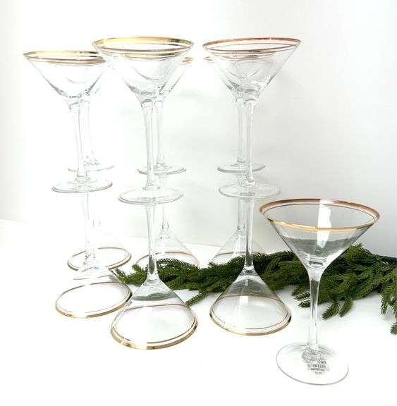 13 New Pier One Gold Banded Martini Glasses