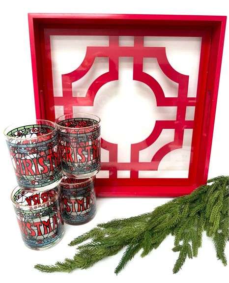 Red Laquered Tray with Vintage Glasses