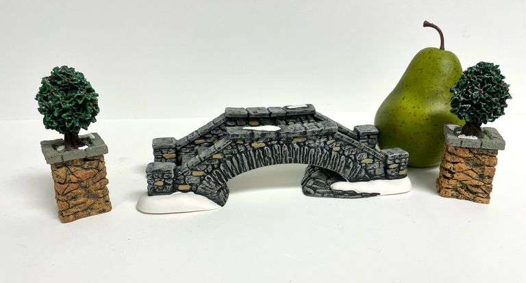 “Limestone Footbridge” & “Stone Corner Posts with Holly Tree” by Department 56