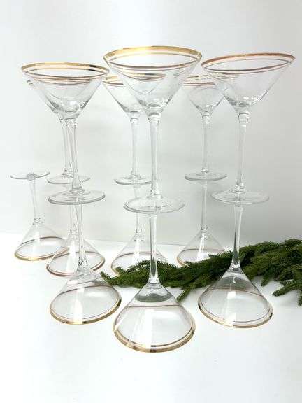 13 New Pier One Gold Banded Martini Glasses