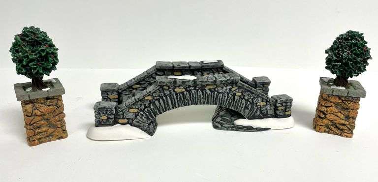“Limestone Footbridge” & “Stone Corner Posts with Holly Tree” by Department 56
