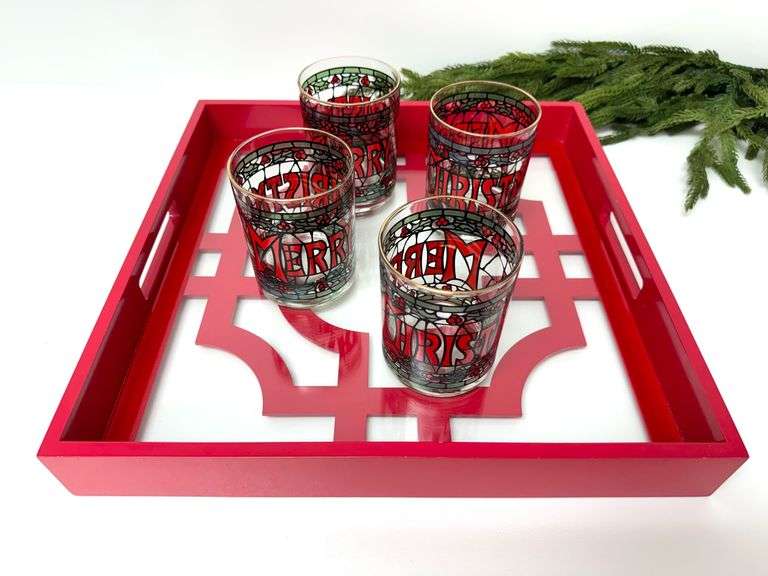 Red Laquered Tray with Vintage Glasses