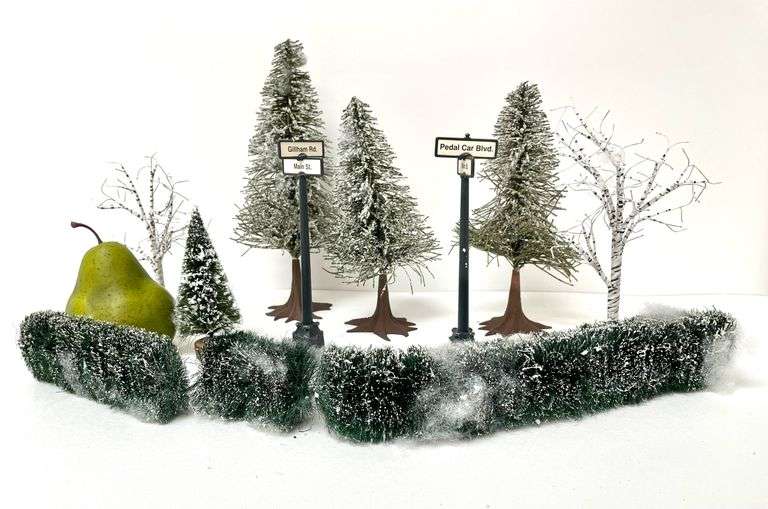 Collection of Department 56 Trees, Shrubs, and Street Signs