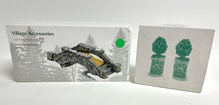 “Limestone Footbridge” & “Stone Corner Posts with Holly Tree” by Department 56