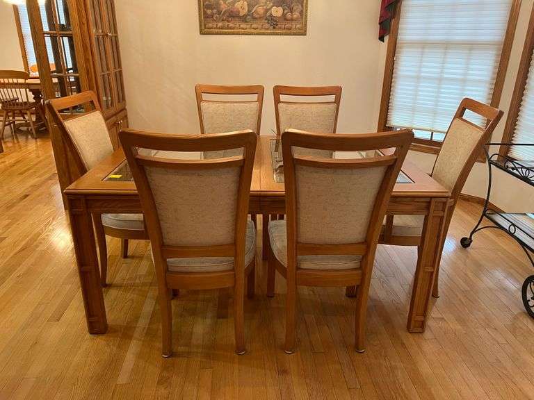 Oak Glass Top Dining Table with 6 padded chairs Peterson Land