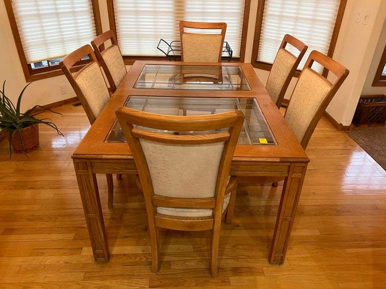 Oak Glass Top Dining Table with 6 padded chairs Peterson Land