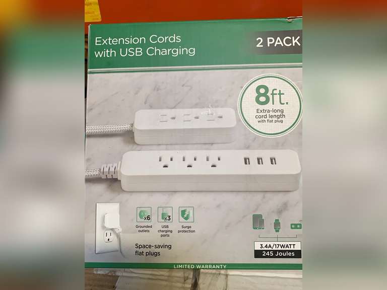2Pack Extension Cords with USB Fast Charging, 6 Outlets, 3 USB Ports