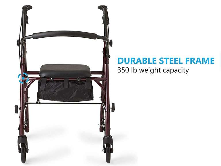 Medline Rollator Walker with Seat, Steel Rolling Walker with 6inch Wheels Supports up to 350