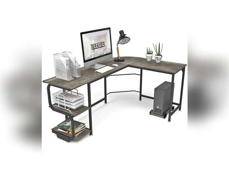 Teraves Reversible L Shaped Desk with Shelves Round Corner Computer Desk Gaming Table