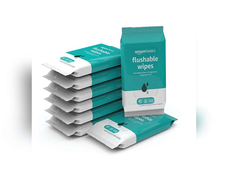 Amazon Basics Flushable Adult Toilet Wipes, Fragrance Free, 8 packs, 42