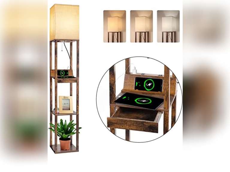 PESRAE Floor Lamp with Shelves by Solid Wood, Modern Shelf Floor Lamp