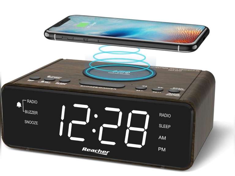 REACHER Alarm Clock Radio with Wireless Charging & USB Charger, Large