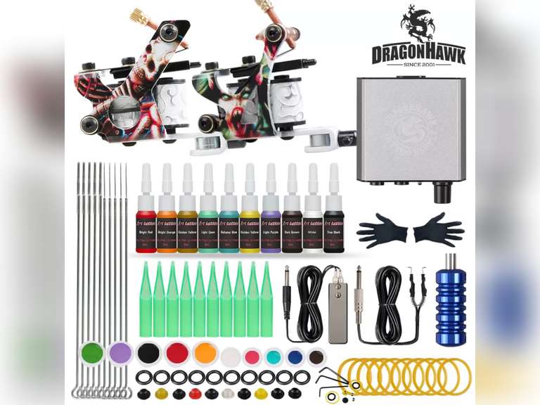 Dragonhawk Beginner Tattoo Kit 2 Machines Inks Mini Power Supply Set