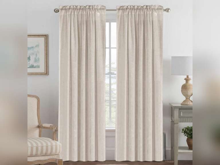 Pair Set Natural Linen Blended Window Treatment, Rod Pocket Top Premium