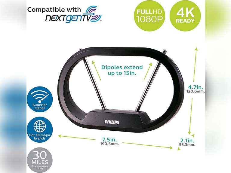Philips Modern Loop Rabbit Ears Indoor TV Antenna, 15 inch Extendable