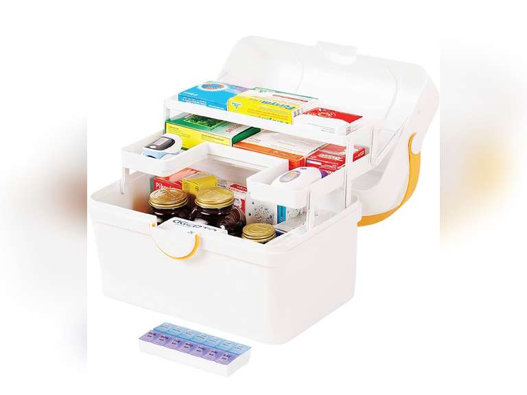 Pill Box + Large Medicine Box with 3 Tier Storage for Basic First Aid