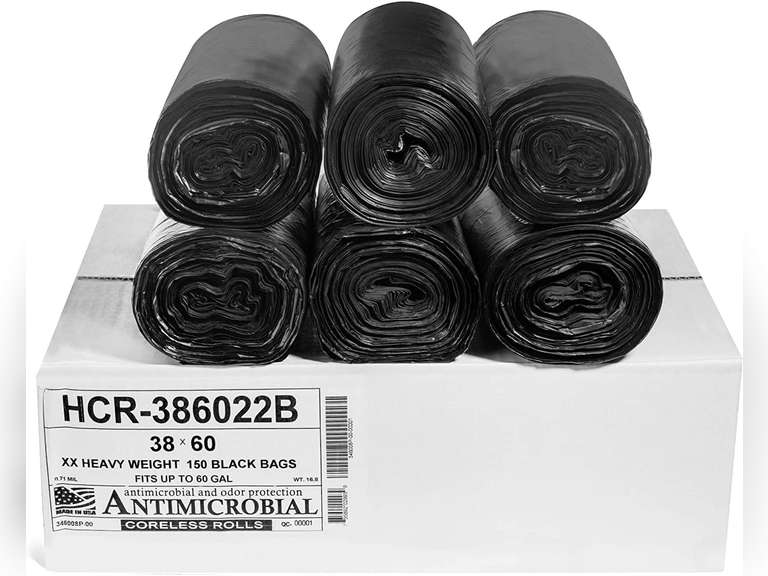 Aluf Plastics HCR386022B 5560 Gallon Black Trash Bags (150 Count) 38" x 60" 22 Microns