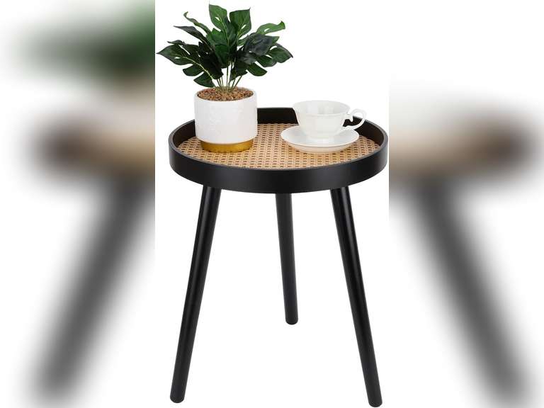 Rattan Round Side Table, Black Small End Table, Accent Table, Modern