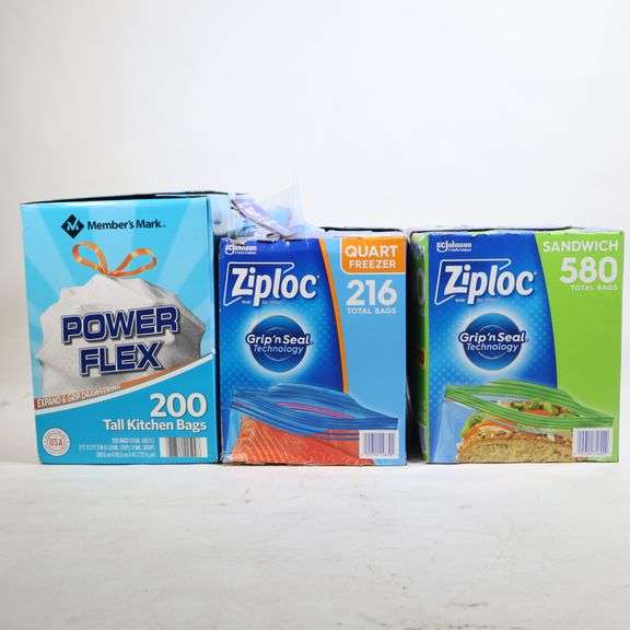 Tall Kitchen Bags, Quart Freezer Ziploc Bags, and Sandwich Ziploc Bags