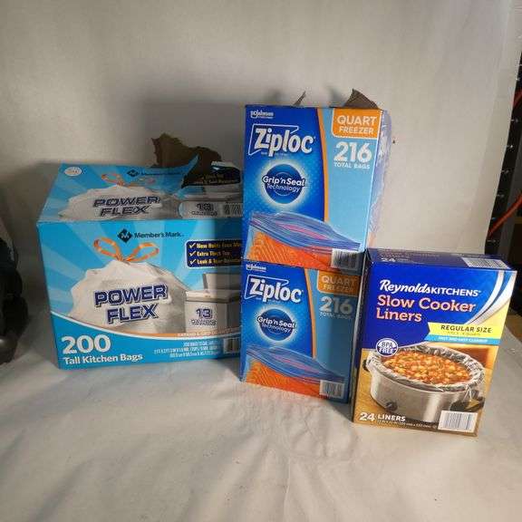 Lot of Bags Kitchen Trash Bags, Quart Freezer Ziploc Bags, and Slow