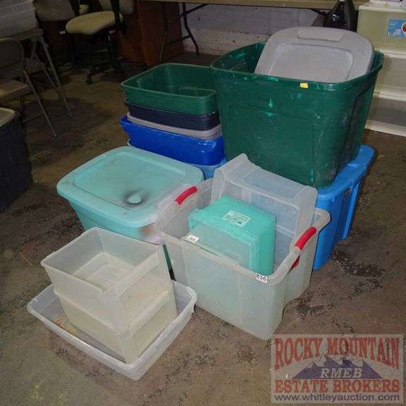 16 Assorted Plastic Storage Totes & 3 Lids. All for one money. Largest