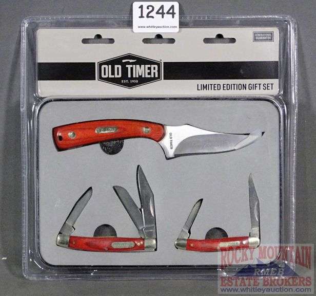 New Old Timer 3 piece knife set with rosewood handles in commemorative tin. Rocky Mountain