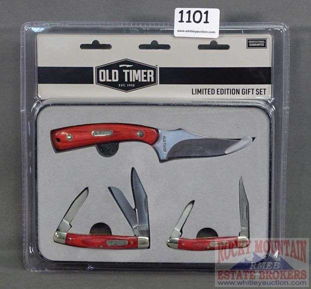 New Old Timer 3 piece knife set with rosewood handles in commemorative tin. Rocky Mountain