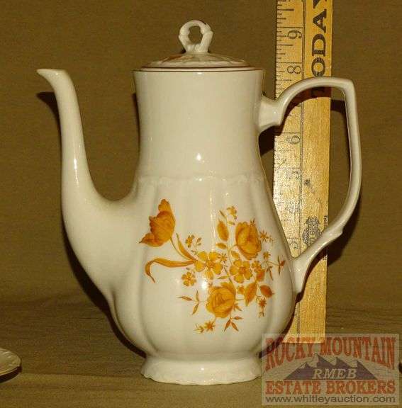 Porcelain Coffee Server & 3 Cups & Saucers. Rocky Mountain Estate